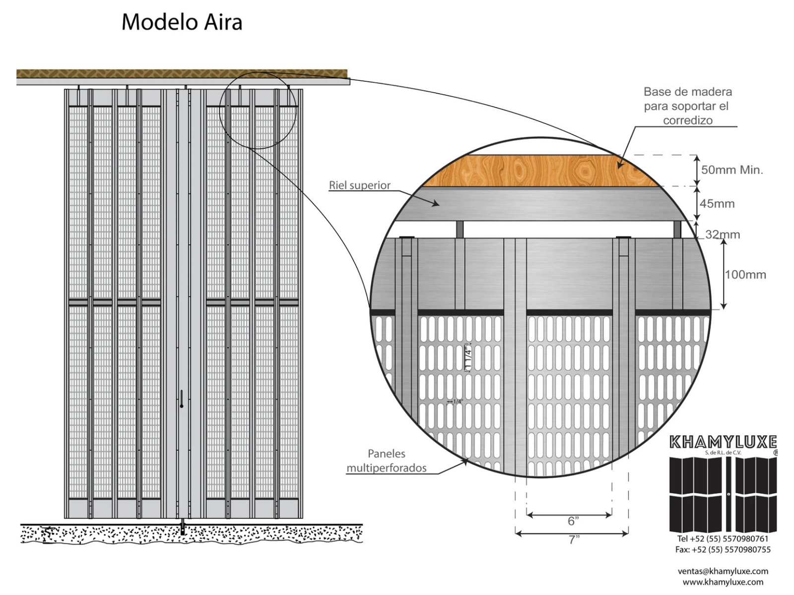 Cortina corrediza.Cortina de aluminio. Cortina de Acero. Cortina Multiperforada Horizontalmente Modelo Aíra Ficha Tecnica | Khamyluxe