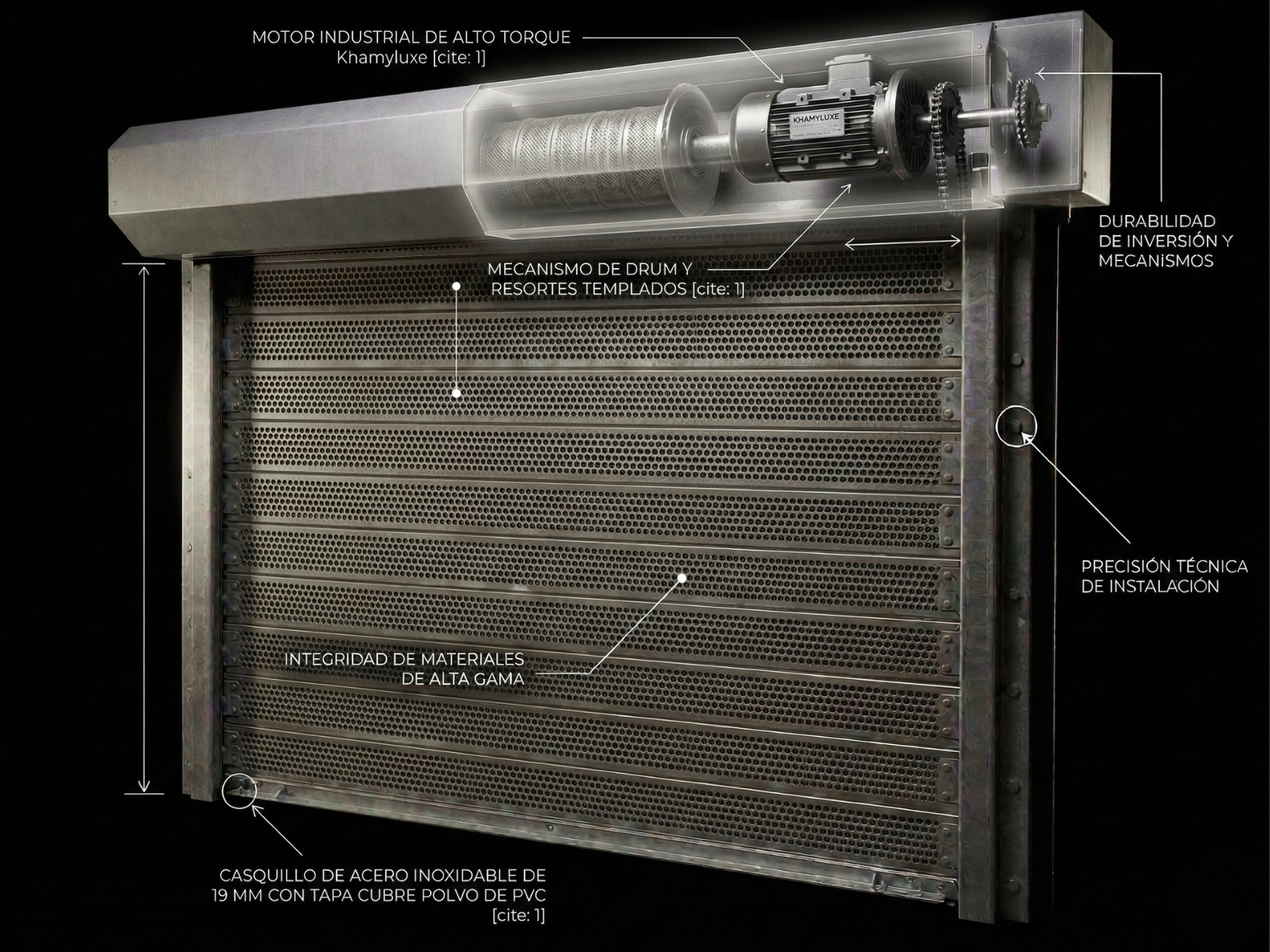 Cortina Enrolllable Multiperforada. Cortina Enrollable. Modelo Sahara Visión. Cortina de Aluminio. Cortina de Acero. Cortina Enrollable  Perforada.<br />
Motor | Khamyluxe