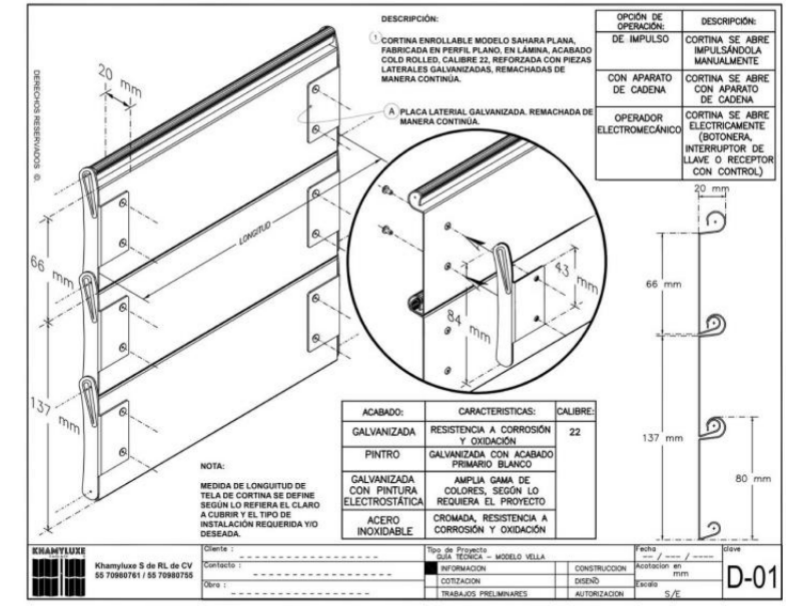 Cortina Enrrollable Ciega. Cortina enrrollable. Cortina de Aluminio. Cortina de acero. Cortina Enrrolllable de Aluminio. Cortina Enrrollable de Acero. Modelo Sahara Plana Detalles | Khamyluxe