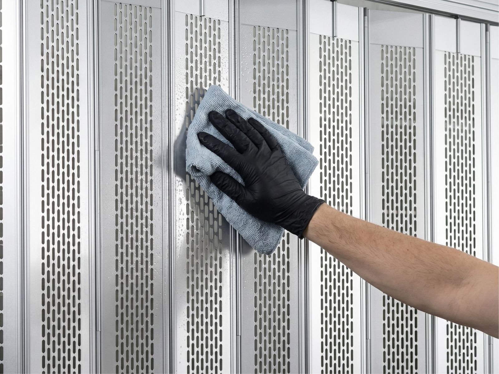 Mano enguantada realizando limpieza sobre un panel de cortina troquelada Modelo Aíra con perforaciones oblongas.