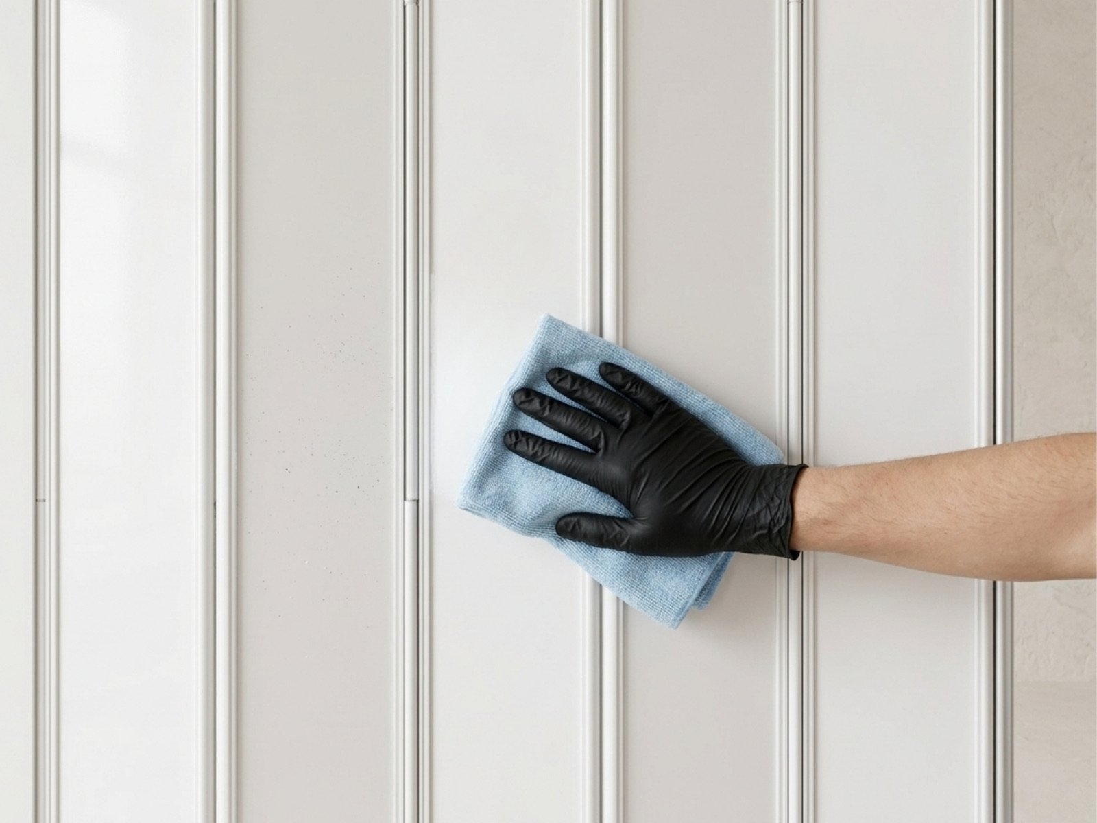 Una mano con guante negro limpia la superficie de una cortina de duela ciega blanca del Modelo Discreta con un paño de microfibra azul.