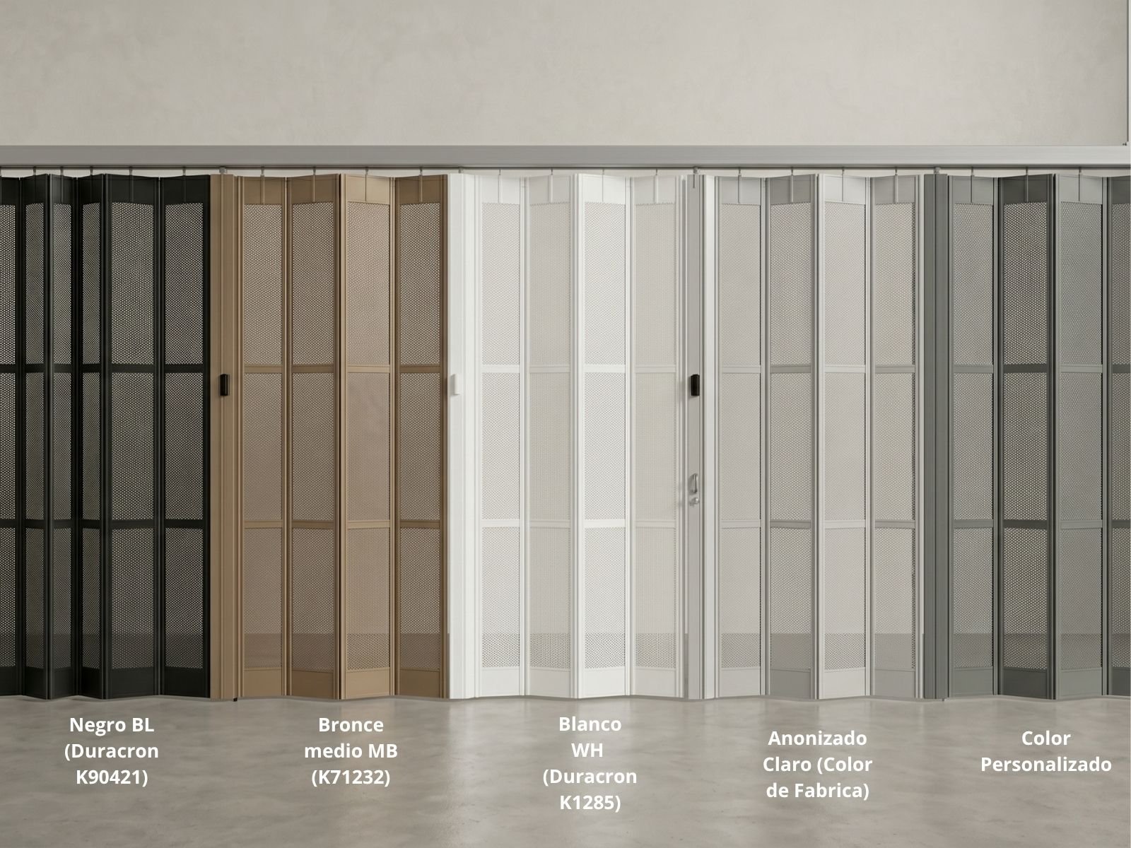 Variedad de acabados y colores para cortina multiperforada de aluminio Modelo Kamaleónika.