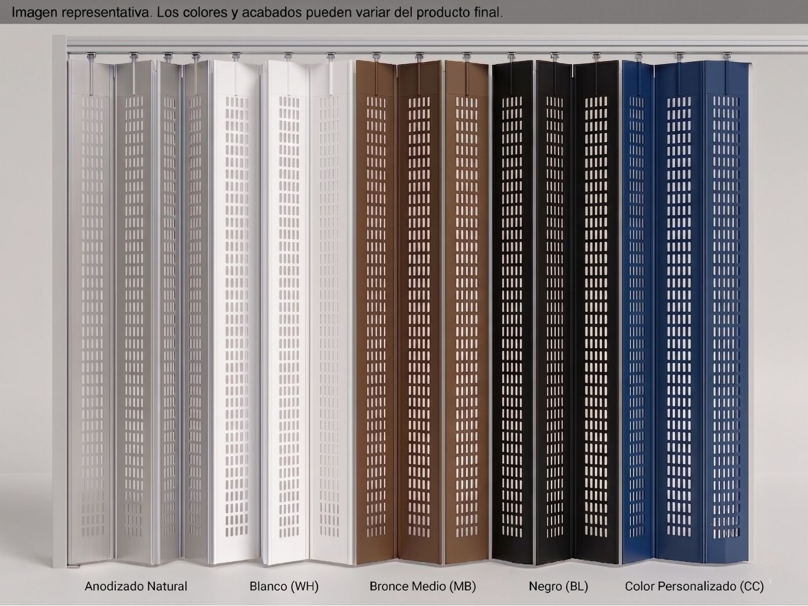 Un panel de visualización técnica que muestra las opciones de acabado y color para el Modelo Aíra, incluyendo muestras de la cortina de aluminio troquelada con el patrón de listones oblongos en Blanco, Bronce, Negro y Anodizado claro.