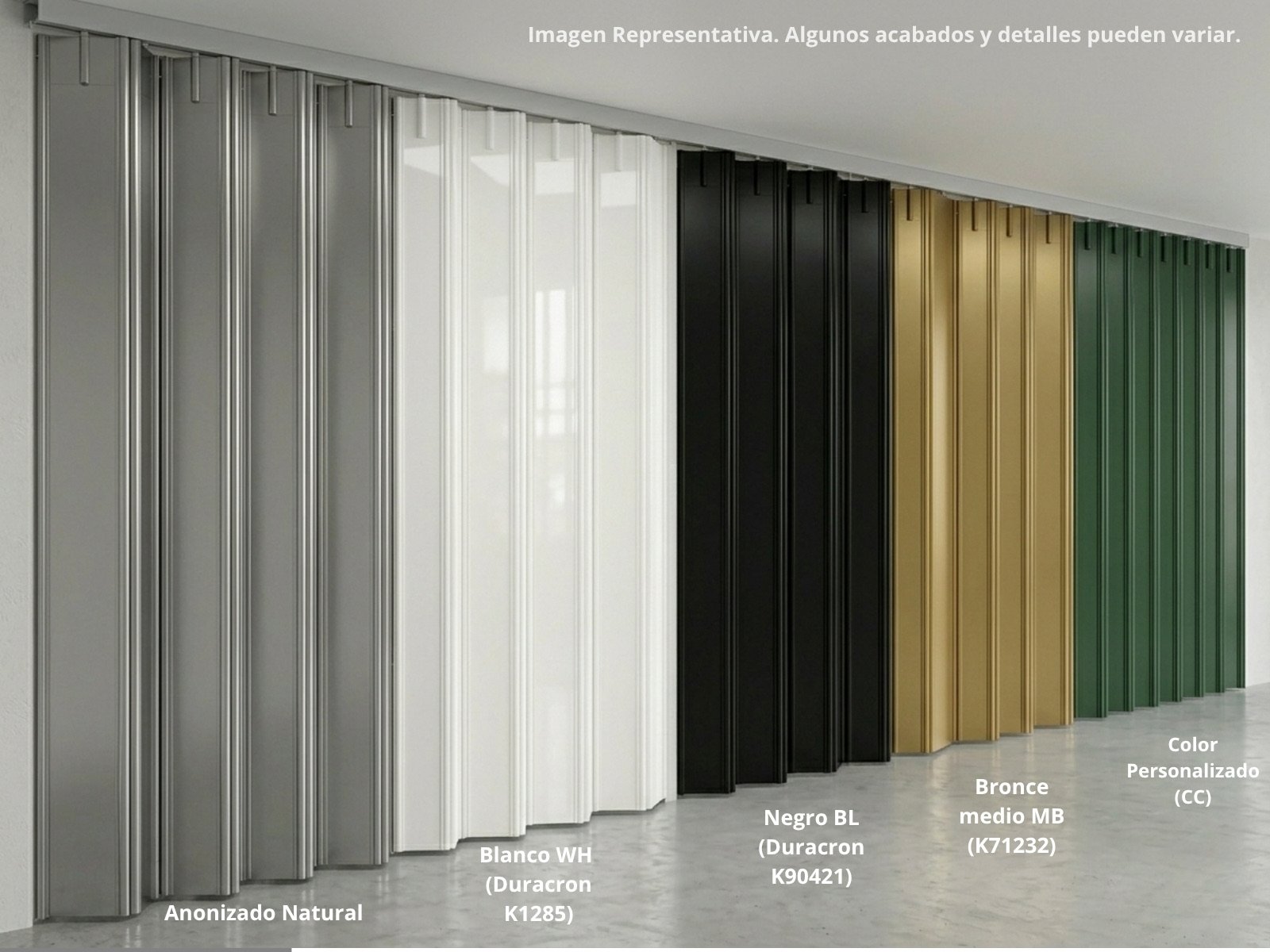 Muestra de cinco acabados de color en stock para la cortina corrediza Modelo Discreta, incluyendo Negro (BL), Blanco (WH) y Color Personalizado (CC).