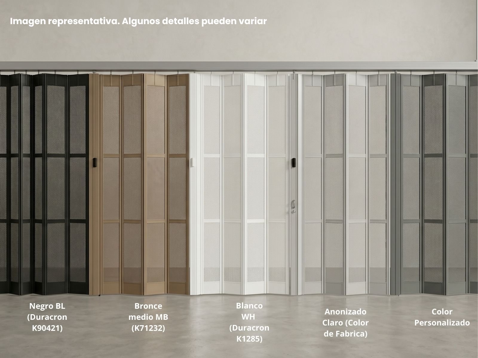 Variedad de acabados y colores para cortina multiperforada de aluminio Modelo Kamaleónika.