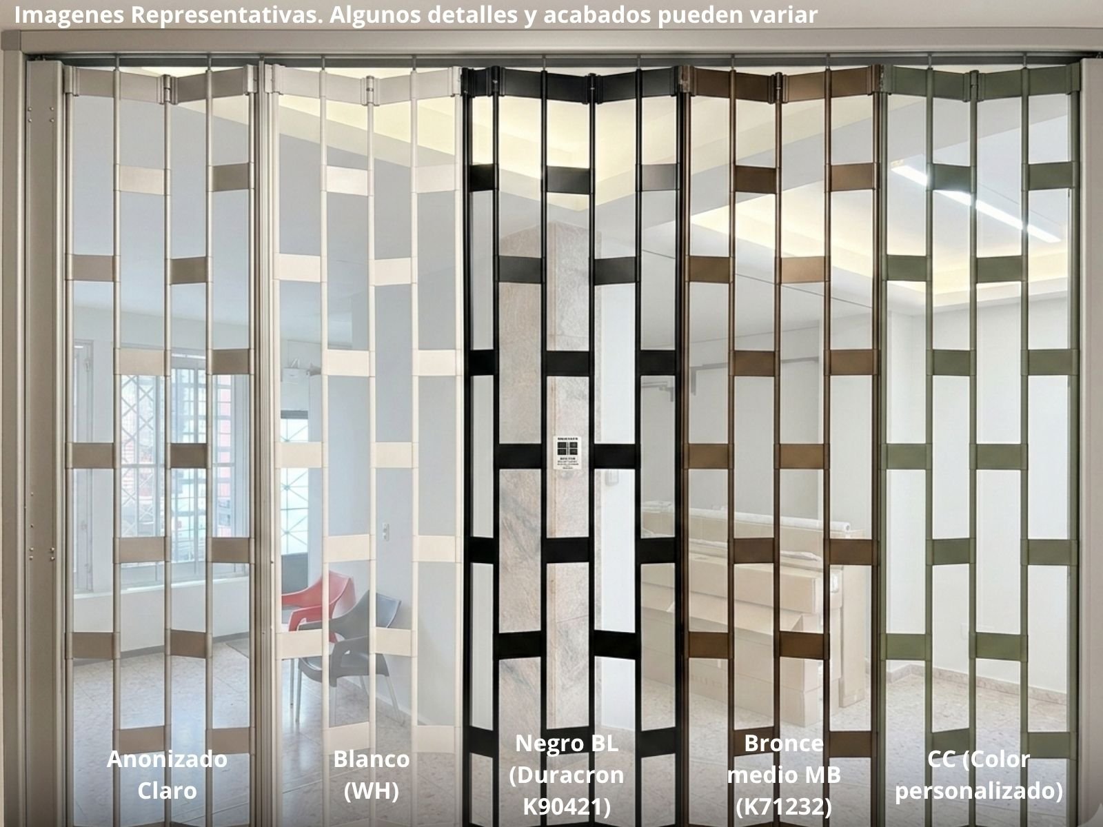 Variedad de acabados para el Modelo Efecta, incluyendo cortina de aluminio en distintos tonos.